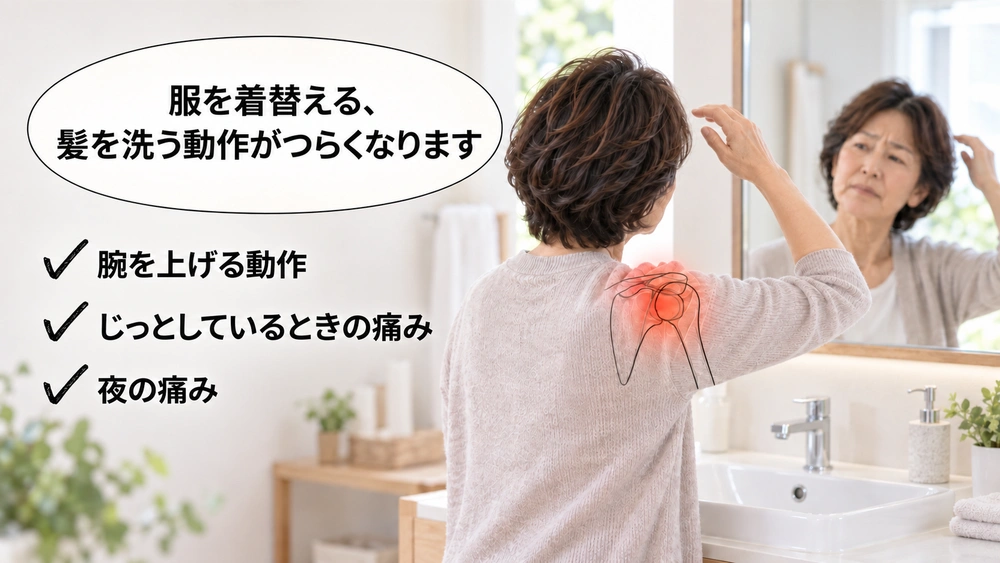 洗面所で髪を洗おうとして腕が途中で止まっている女性の写真に、服の着替えや髪を洗う動作がつらくなること、腕を上げる動作・じっとしているときの痛み・夜の痛みという五十肩の症状を並べた画像