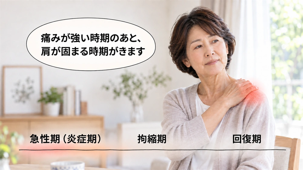 肩に手を当てて座っている女性の写真に、急性期（炎症期）・拘縮期・回復期という五十肩の3つの時期の移り変わりを横一列で示した画像