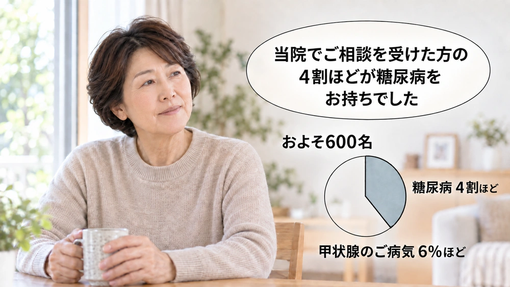 自宅でくつろぐ女性の写真に、当院で五十肩のご相談を受けたおよそ600名のうち糖尿病をお持ちの方が4割ほど、甲状腺のご病気をお持ちの方が6％ほどだったという記録を円グラフで示した画像