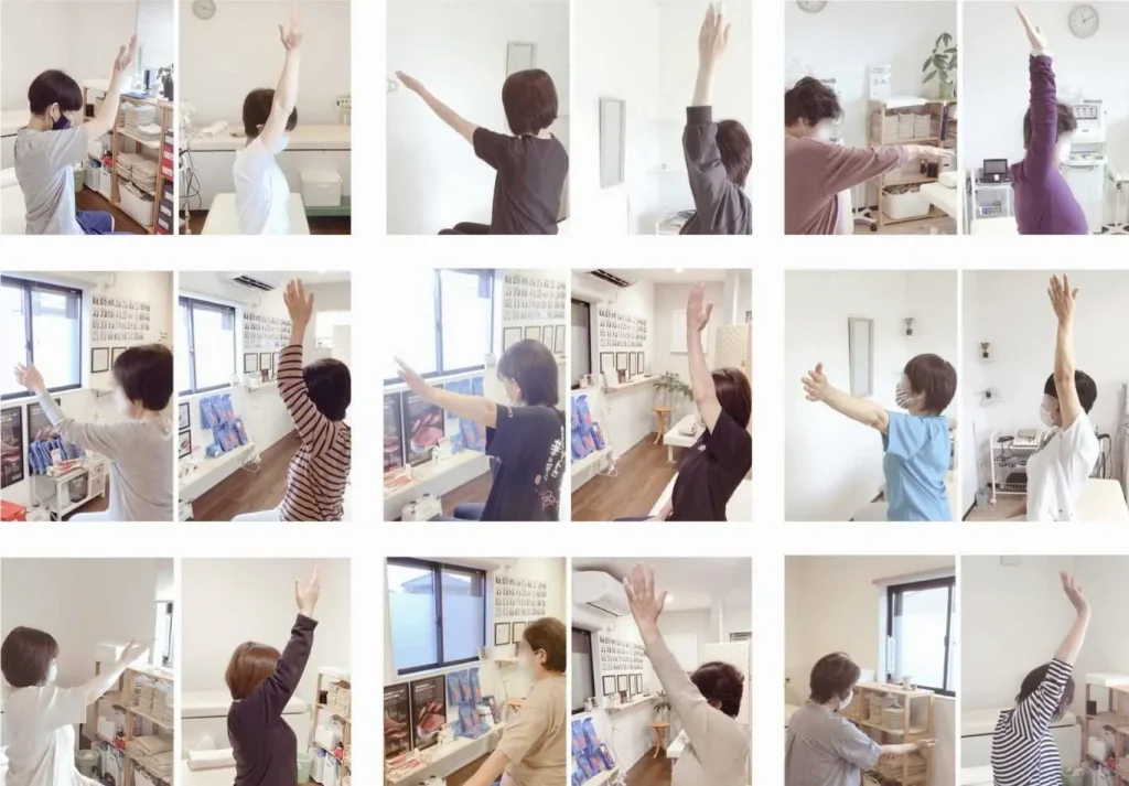 初回来院時には腕が上がらなかった8名の方が、卒業時には腕を真上まで上げられるようになった様子を比較しまとめた、もう一枚の別の写真です。