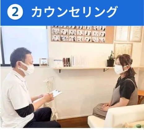 はる整体院の院長がお客様と向かい合い、カウンセリングを行っている様子