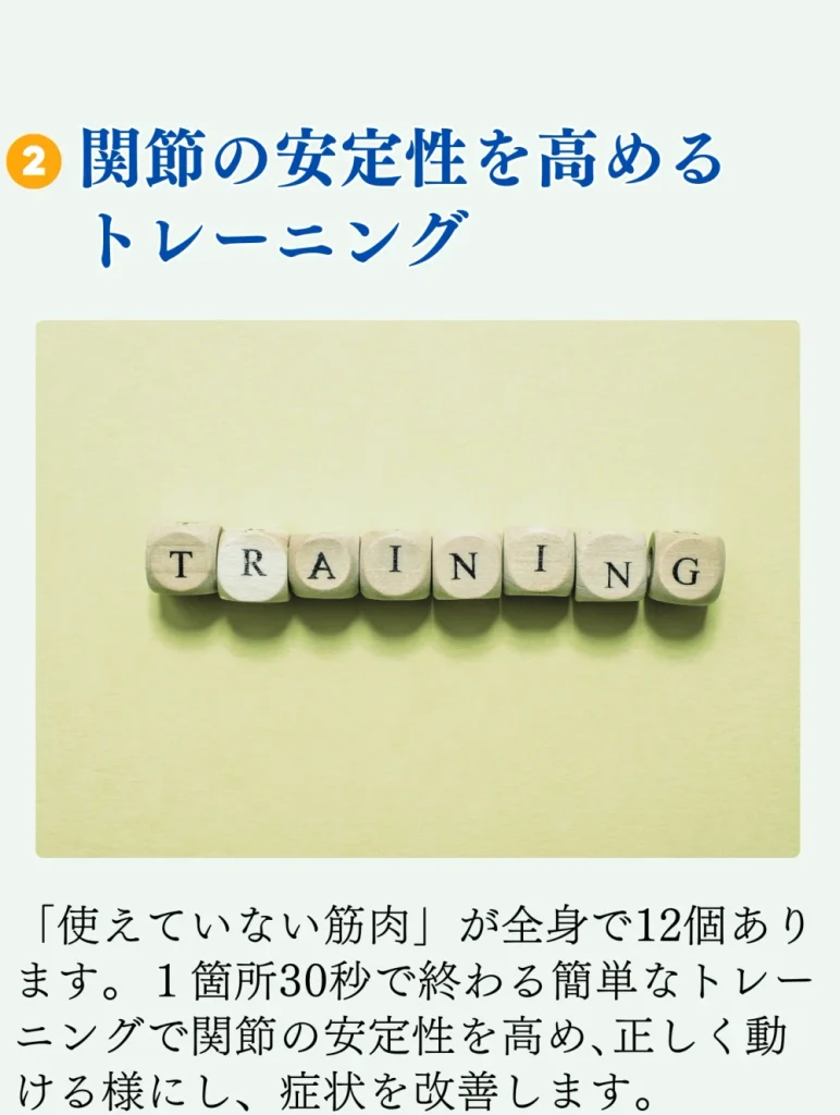はる整体院の取り組み②「関節の安定性を高めるトレーニング」。「TRAINING」と書かれた木のブロックの写真とともに、1か所30秒ほどで終わる簡単なトレーニングを紹介した画像